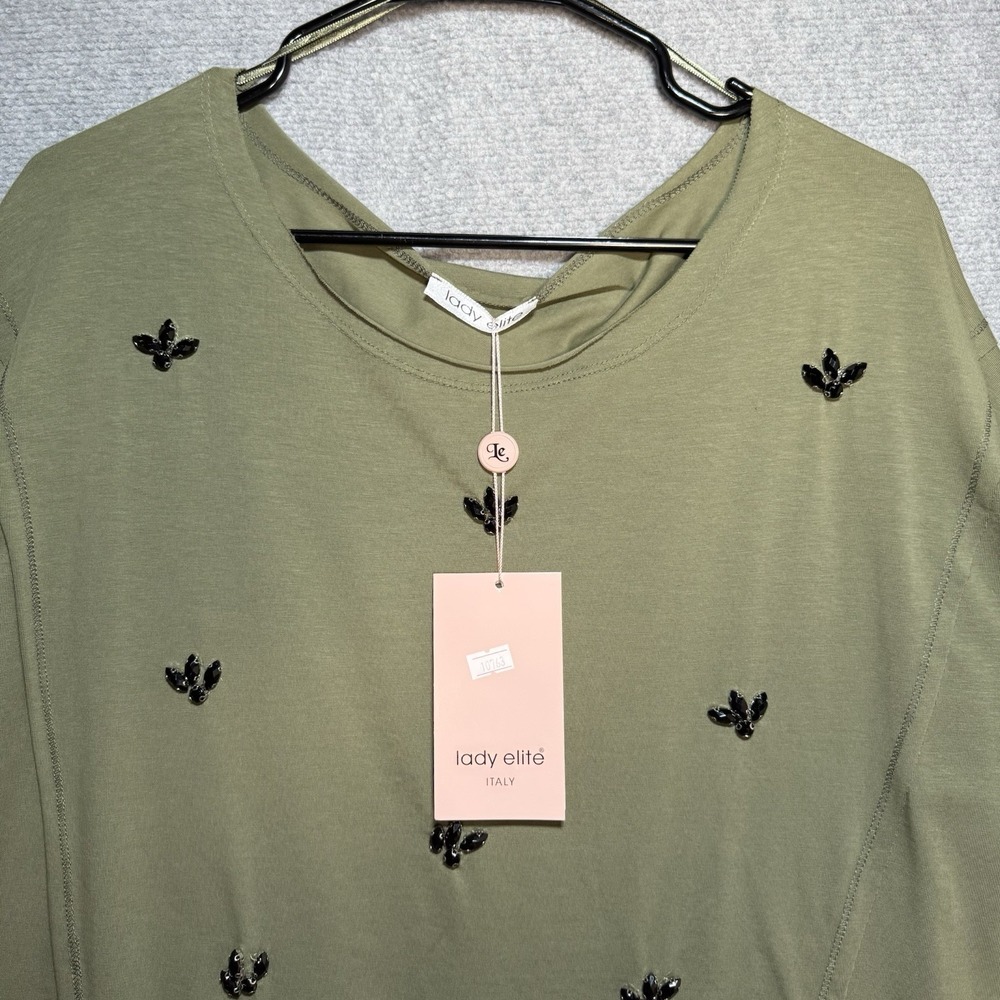 Lady Elite Italy Long Sleeve Shirt Women's Size 2XL Olive Green Black Jewels
